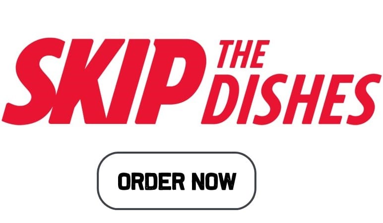 A red and white logo for skip the dishes