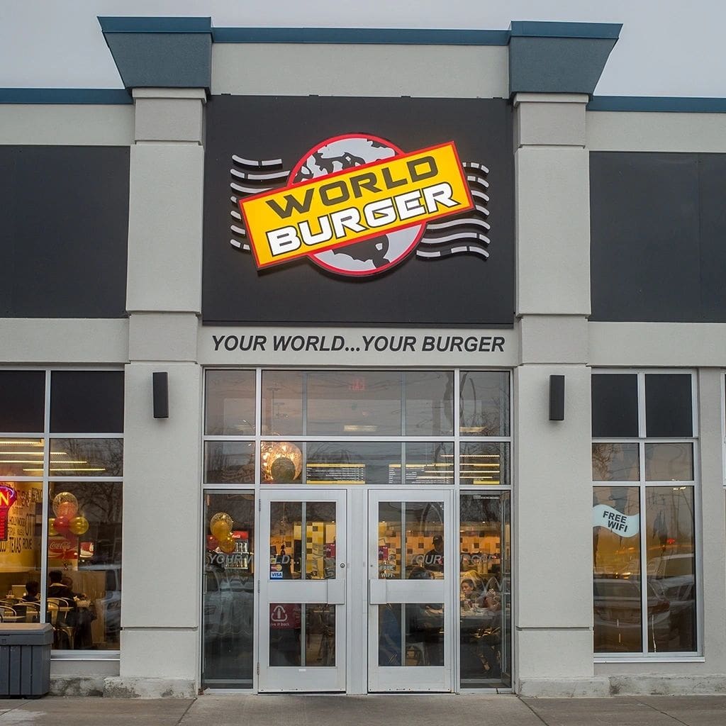 A store front of a world burger.
