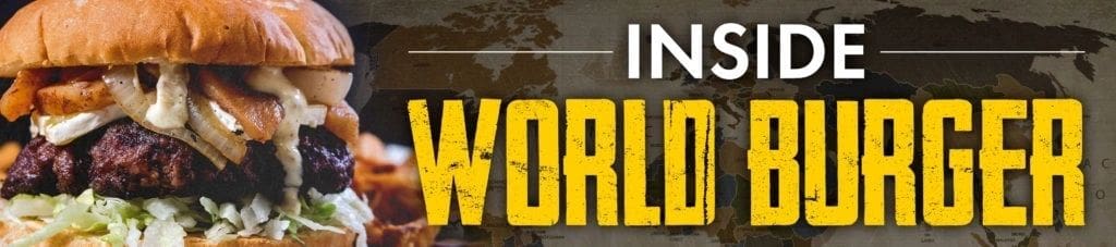inside world burger banner with a burger in it.